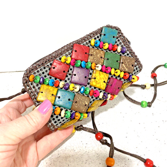 Boho Tribal Beaded Crossbody Bag Mini Purse Wallet Double Zippers Colorful Beads - Picture 5 of 9